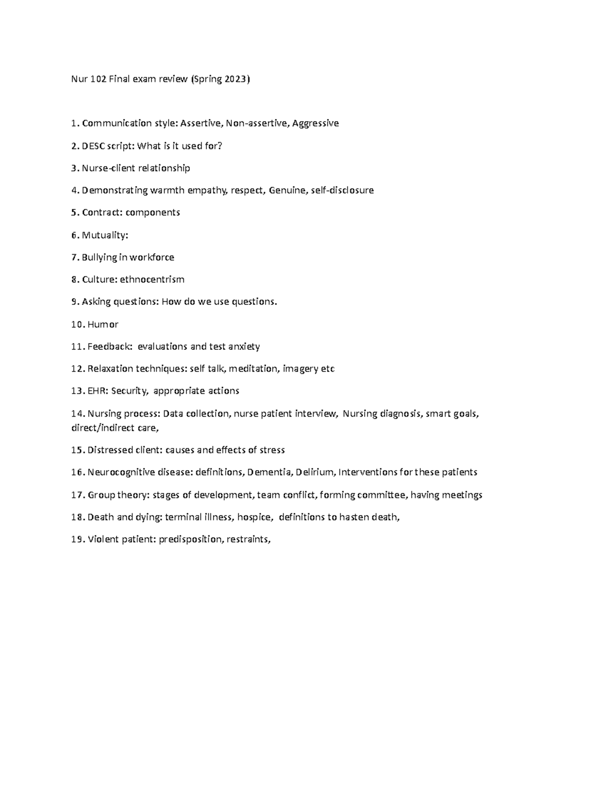 Nur 102 Final exam review Humor Feedback evaluations and test