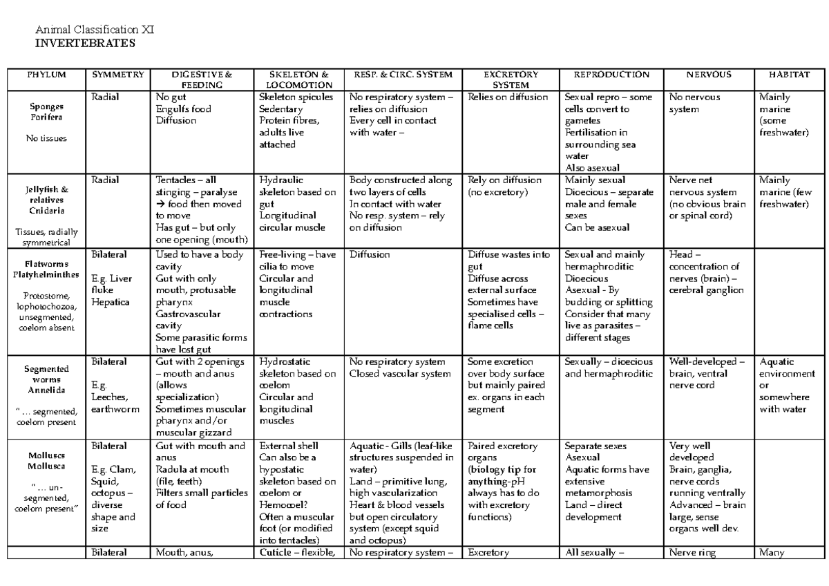 BIO103 animal classification diversity table - Animal Classification XI ...