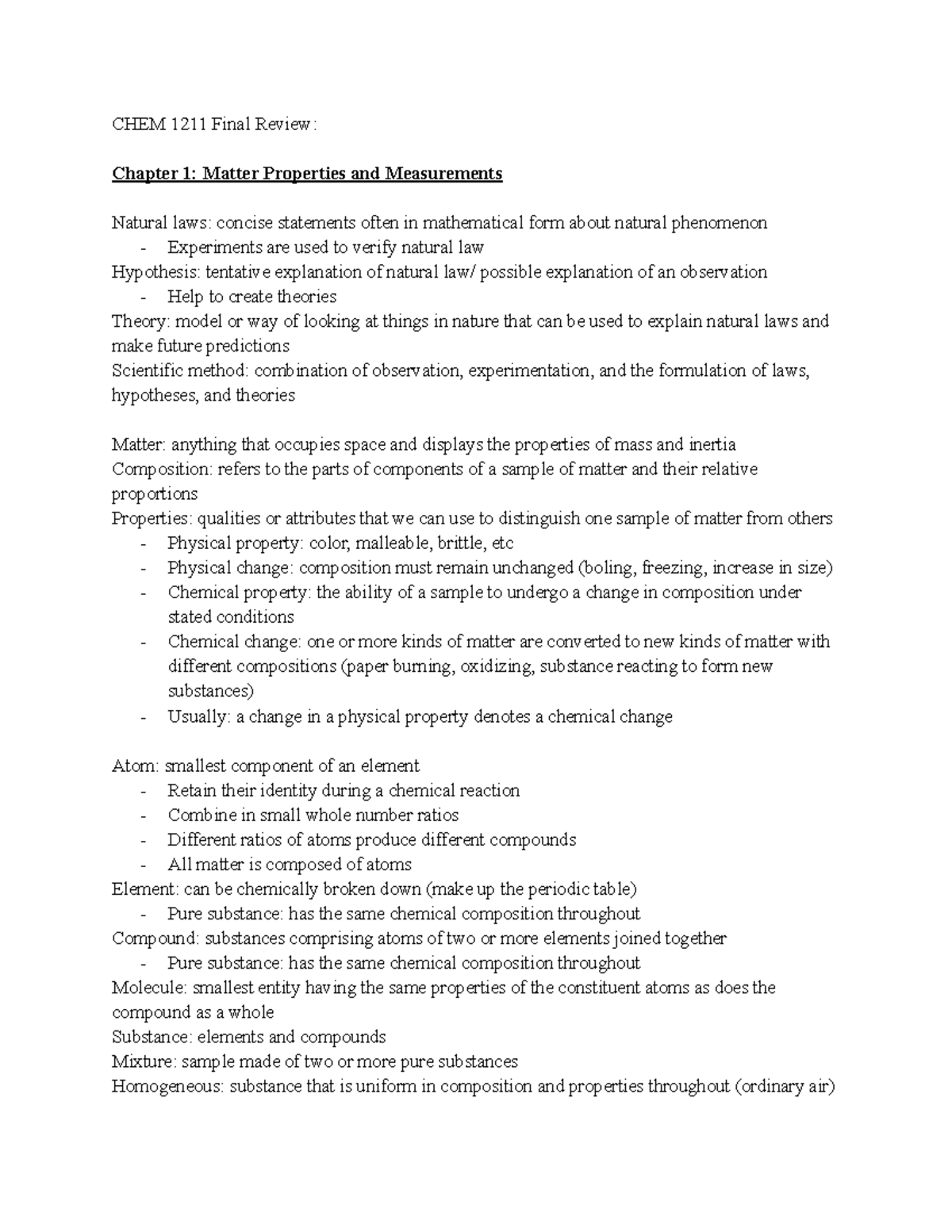 CHEM1211 Final Review - CHEM 1211 Final Review: Chapter 1: Matter ...