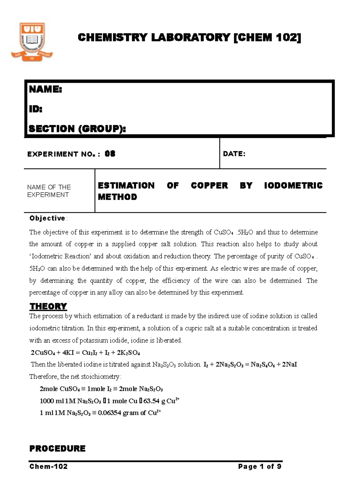 Exp8 Practical CHEMISTRY LABORATORY [CHEM 102] NAME ID SECTION (GROUP) EXPERIMENT NO