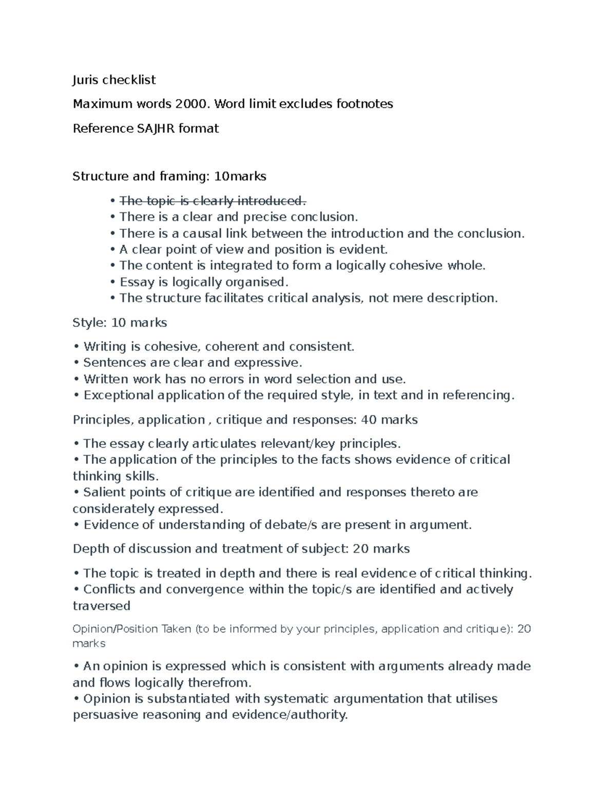 Rubric for assignment - Juris checklist Maximum words 2000. Word limit ...