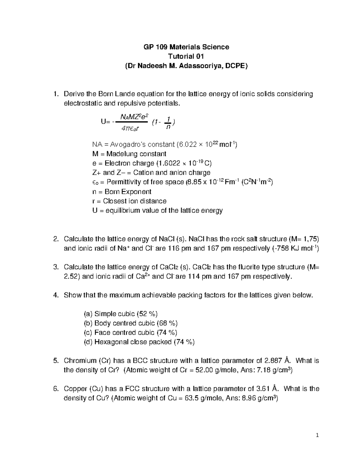 GP109 Tute crystallography - GP 109 Materials Science Tutorial 01 (Dr ...