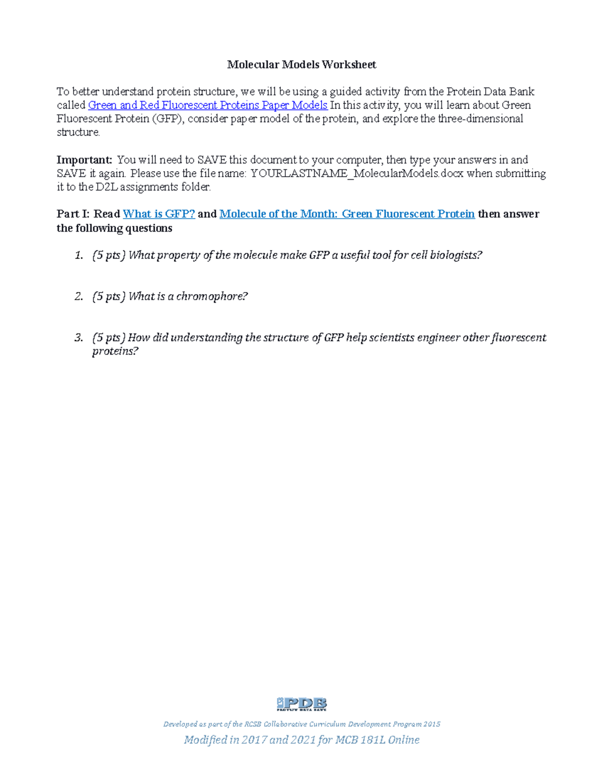 MCB 181 Molecular Models Worksheet V5 Molecular Models Worksheet To better understand protein