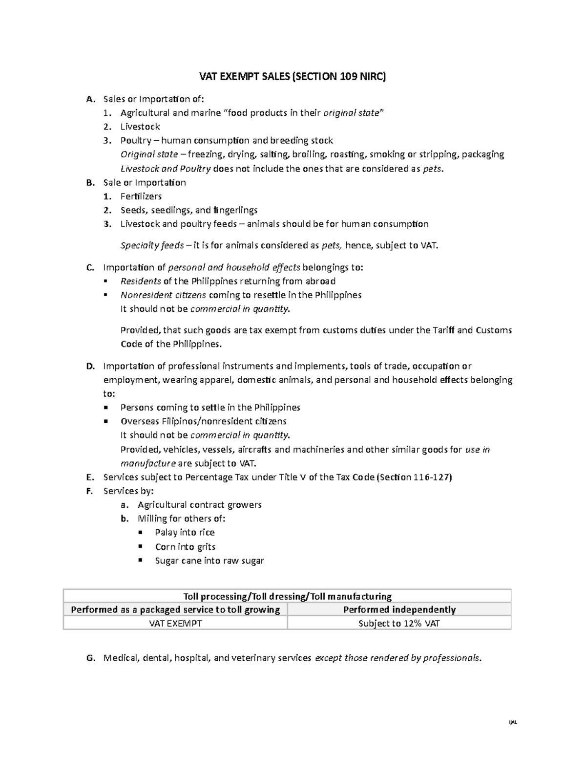 VAT Summary - notes - VAT EXEMPT SALES (SECTION 109 NIRC) A. Sales or ...