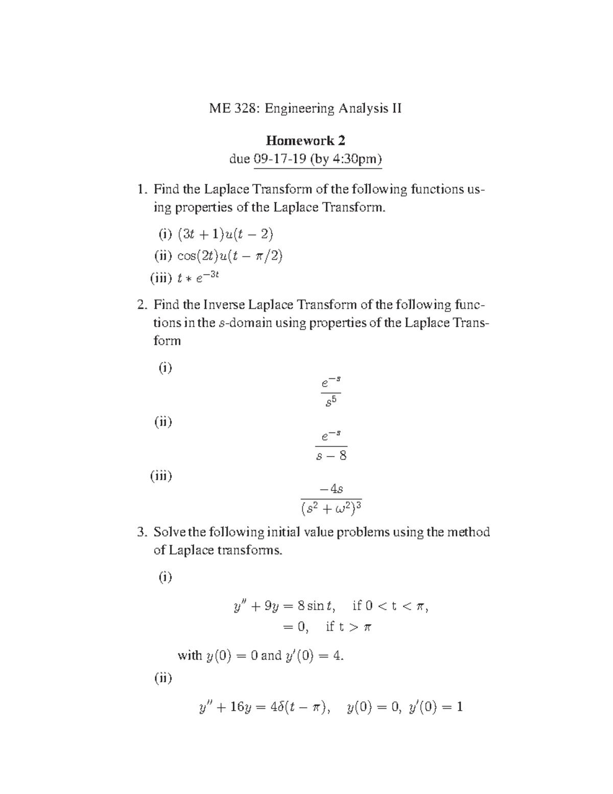 Homework 2-ME 328 - ME 328: Engineering Analysis II Homework 2 due 09 ...