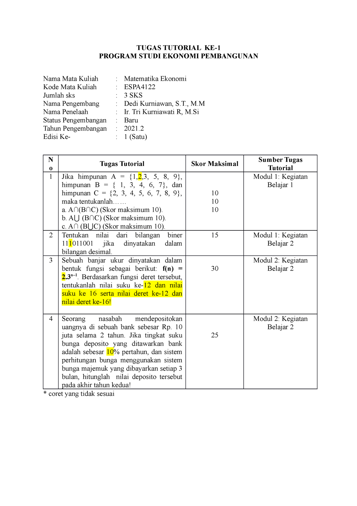 Tugas 1 Matematika - TUGAS TUTORIAL KE- 1 PROGRAM STUDI EKONOMI ...