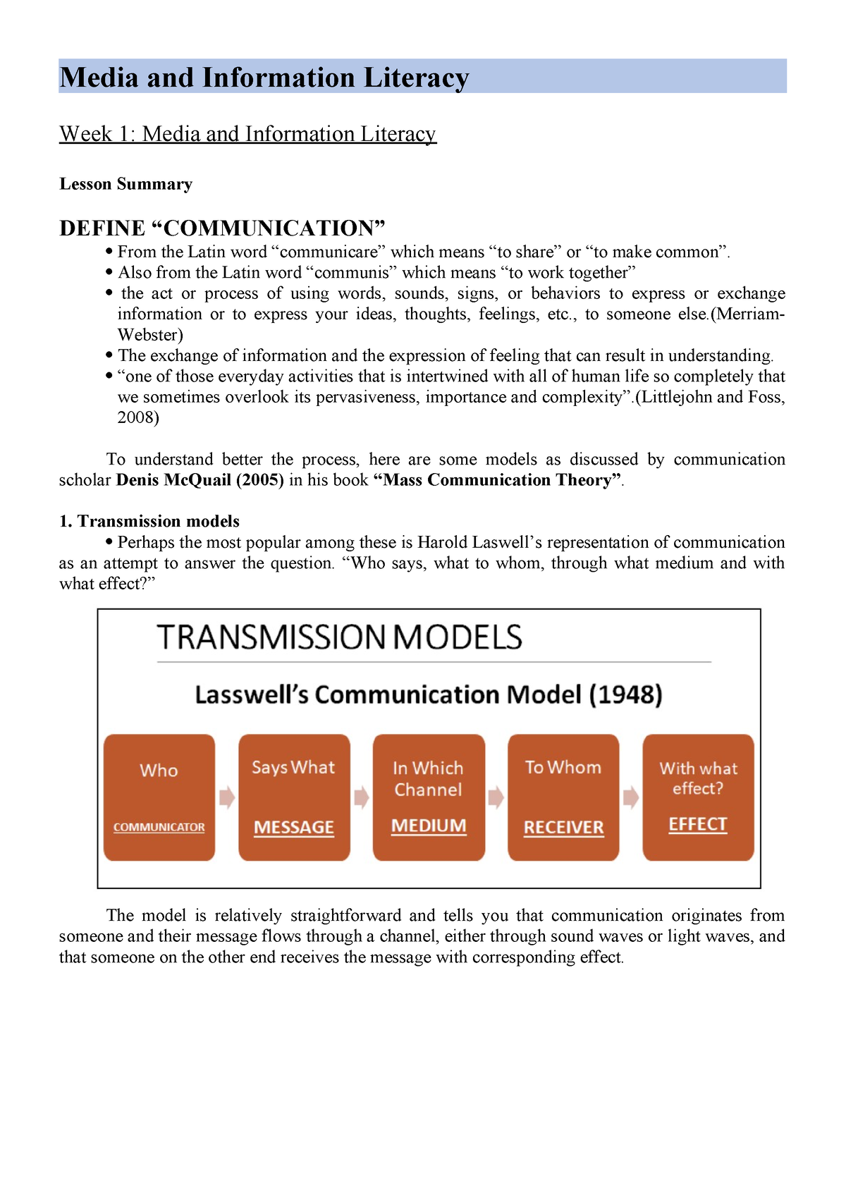 Lesson 1 - Notes - Media And Information Literacy Week 1: Media And ...