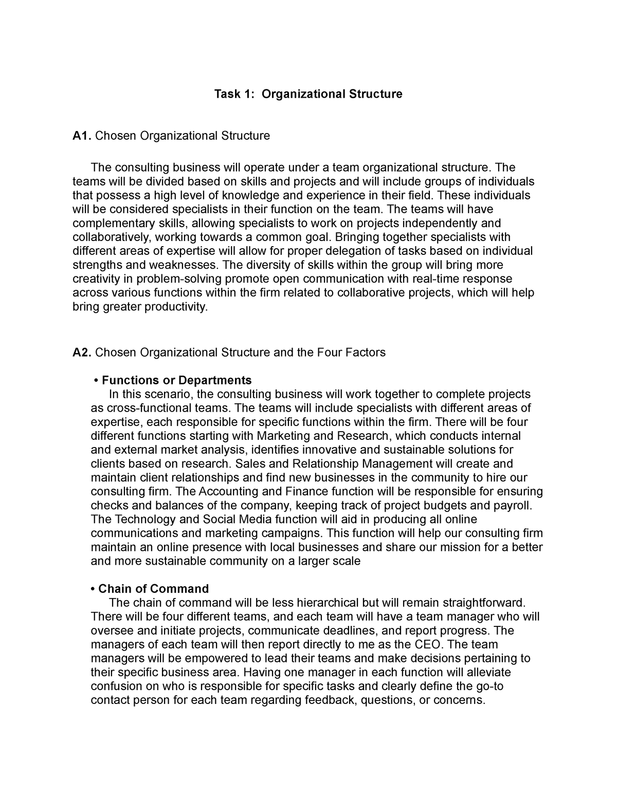 D078 - Task 1 PASS - Task 1: Organizational Structure A1. Chosen ...