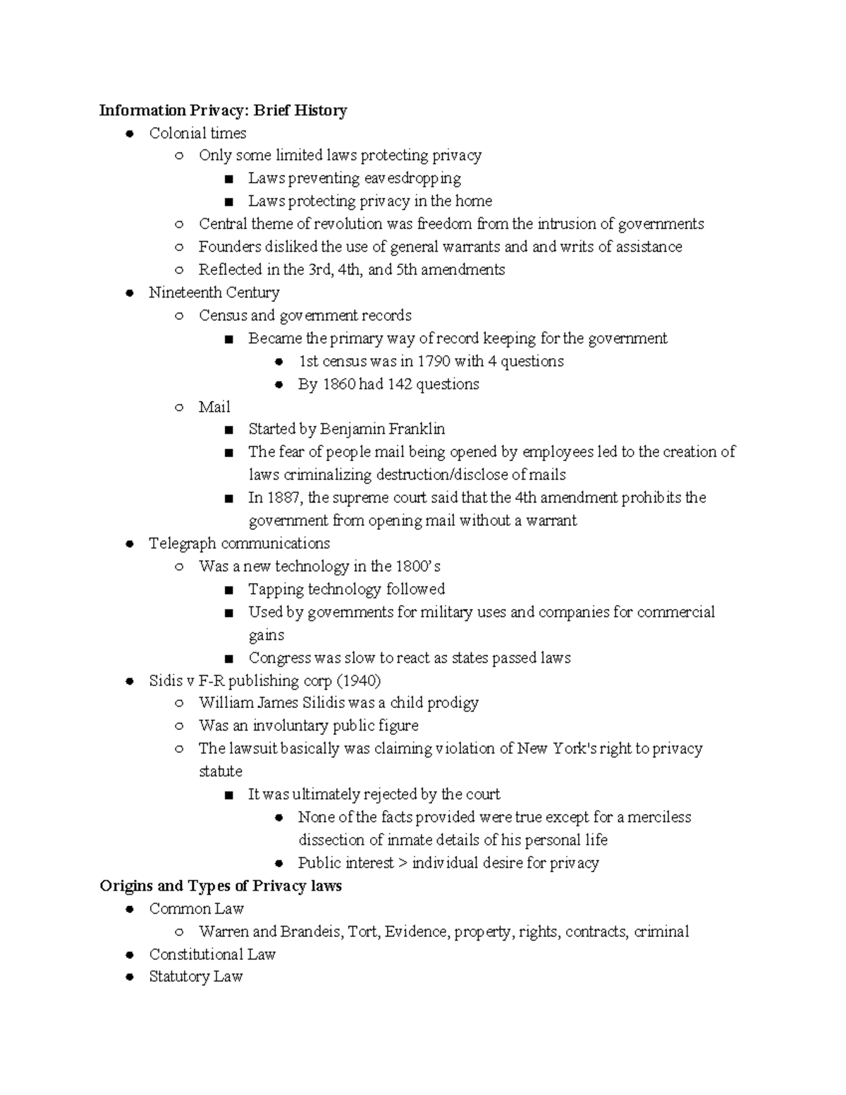 Chapter 1 notes - Information Privacy: Brief History Colonial times ...