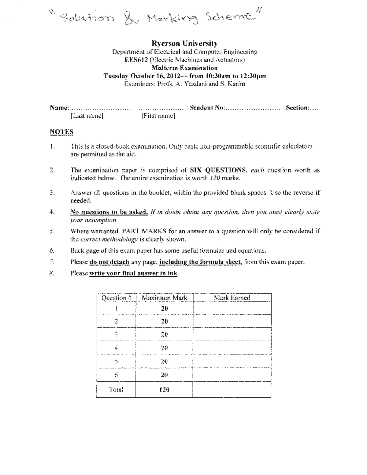 Exam 19 October 2012, Questions And Answers - Ryerson University ...