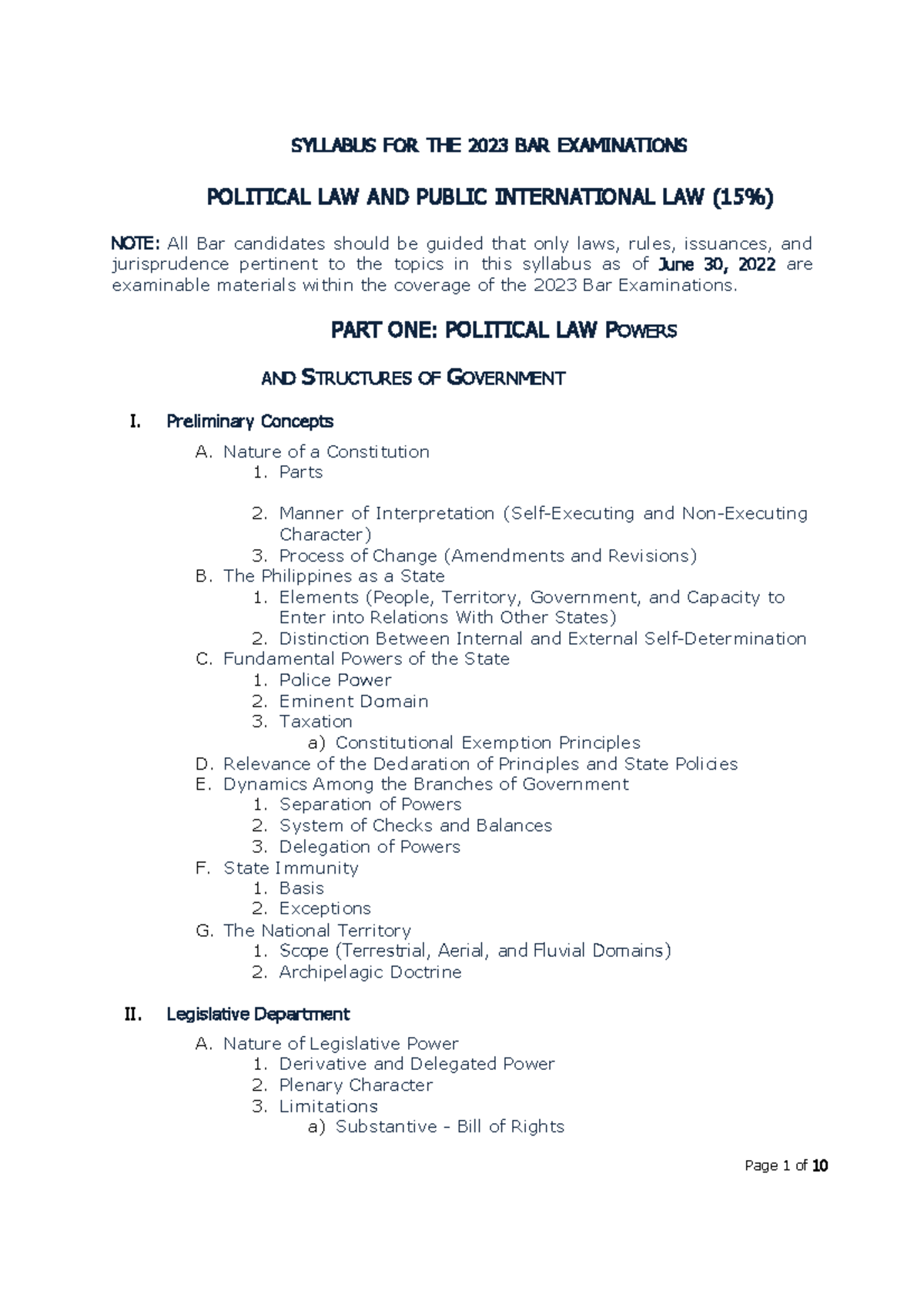 Bar2023Syllabus asdasdzx zxczxc Page 1 of 10 SYLLABUS FOR THE 2023