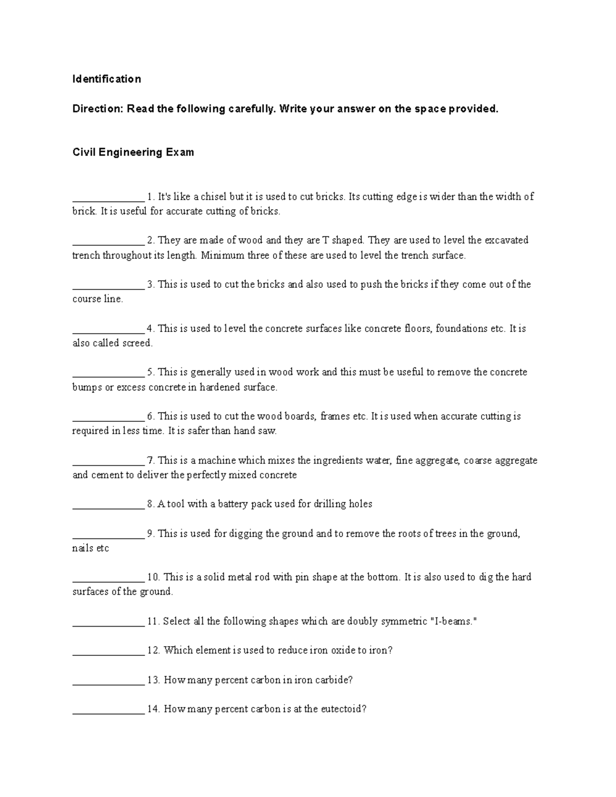 Civil Engineering Quarter 1 Exam - Identification Direction: Read the ...