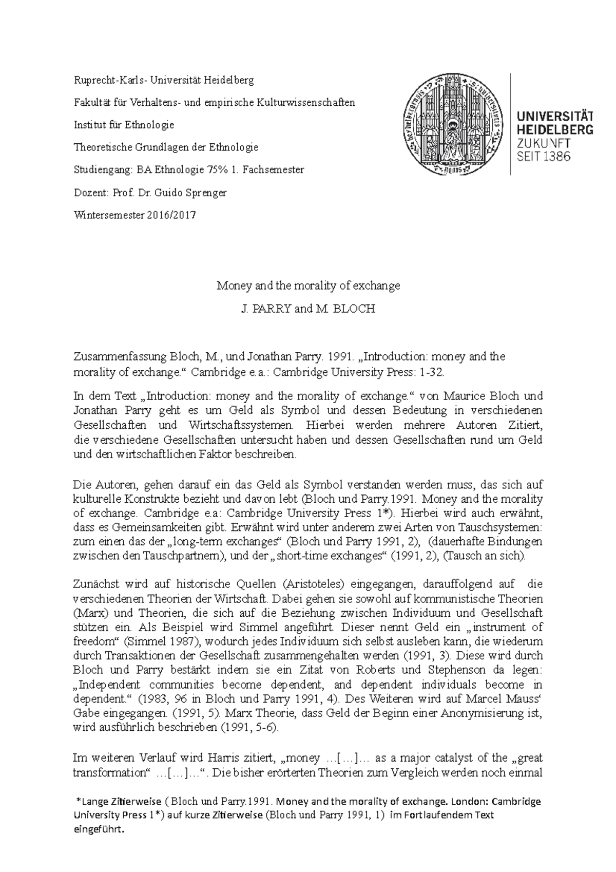 Money and the morality of exchange Heidelberg und empirische