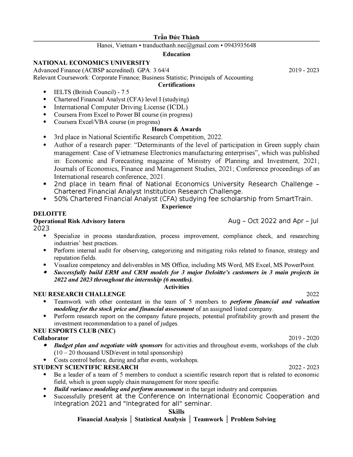 MAKE A COPY OF THE DOC - Harvard CV Template - Trần Đức Thành Hanoi ...