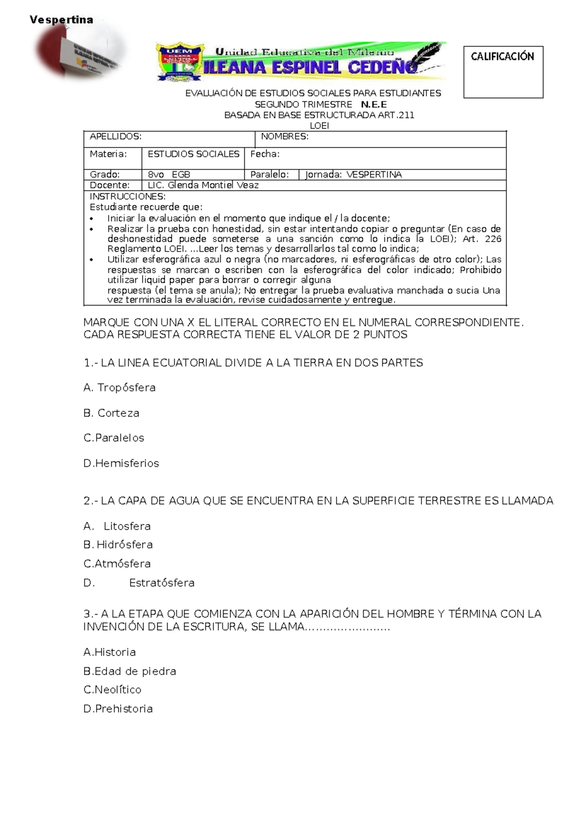 Examen DE Sociales 8vo n - EVALUACIÓN DE ESTUDIOS SOCIALES PARA ...