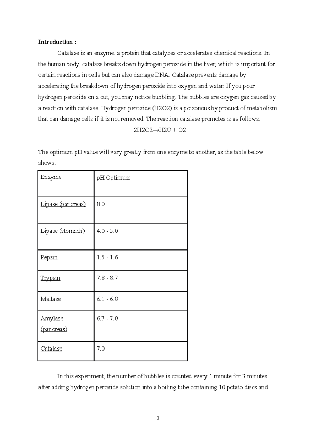 Bio experiment 5 lab report practical Introduction Catalase is an