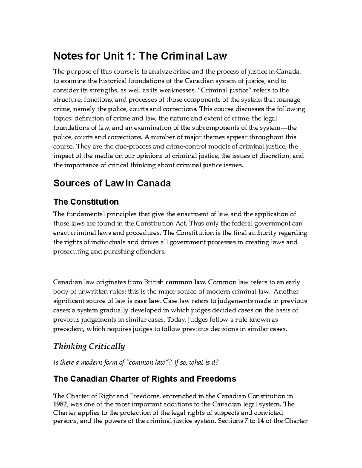 Unit 1 notes - Notes for Unit 1: The Criminal Law The purpose of this ...