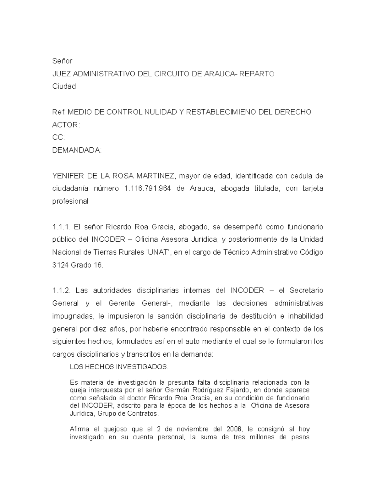 Demanda De Nulidad Señor Juez Administrativo Del Circuito De Arauca Reparto Ciudad Ref Medio 2891