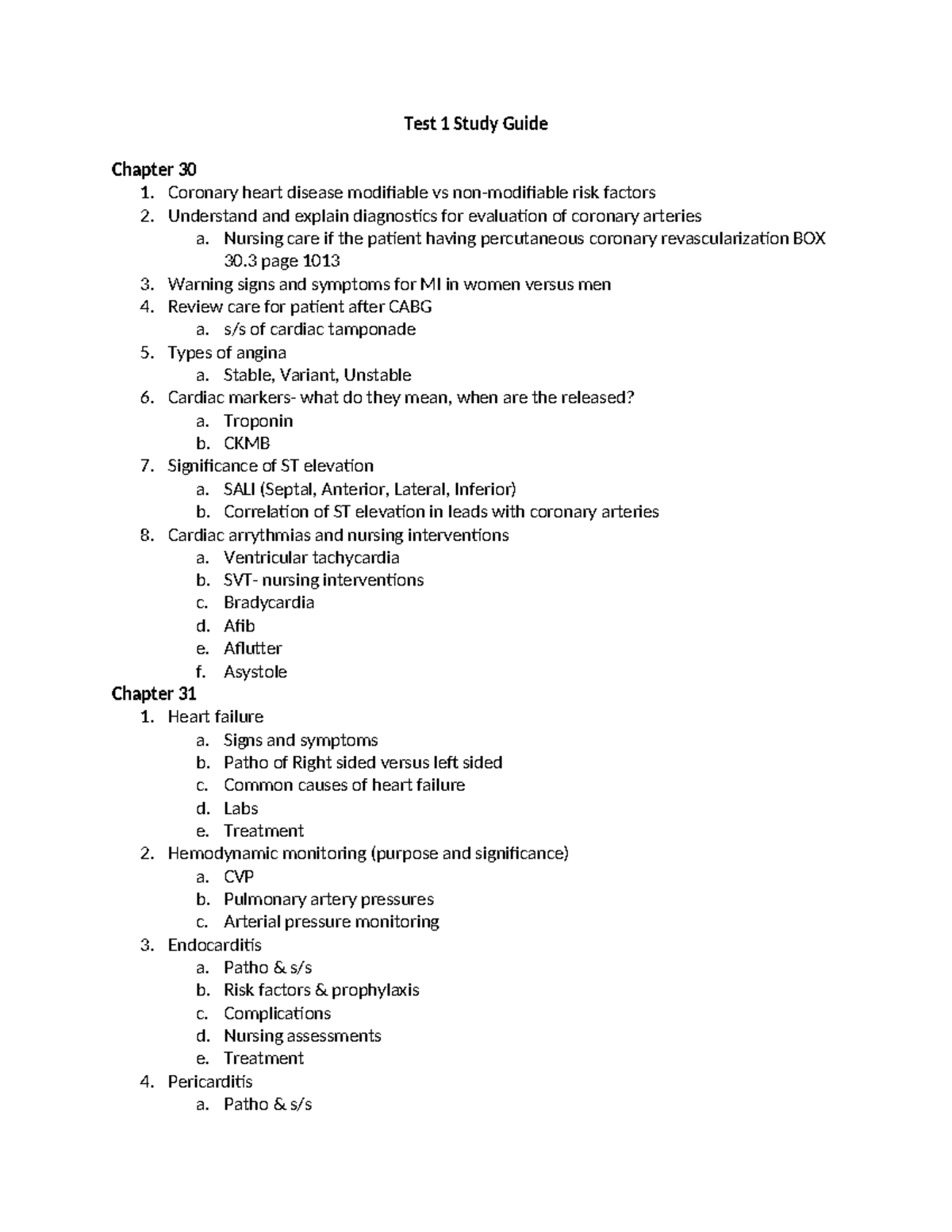 Test 1 Study Guide - Test 1 Study Guide Chapter 30 Coronary heart ...