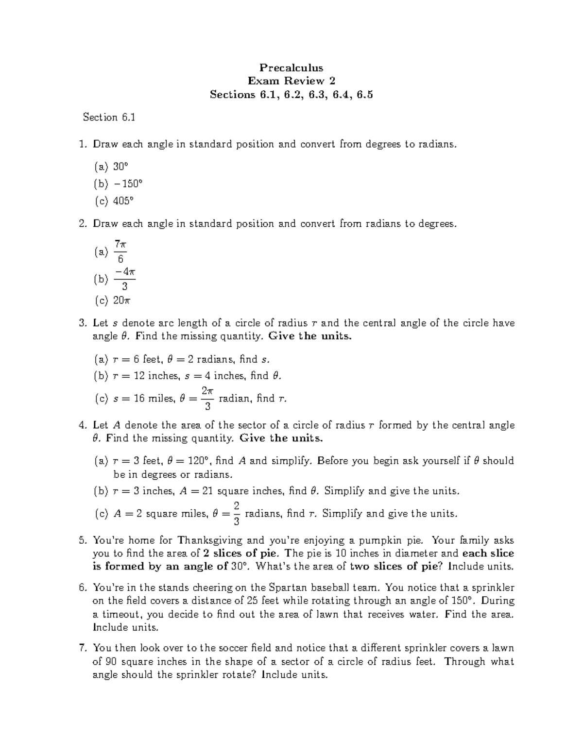 Exam 2 Review Precalc - Precalculus Exam Review 2 Sections 6, 6, 6, 6 ...