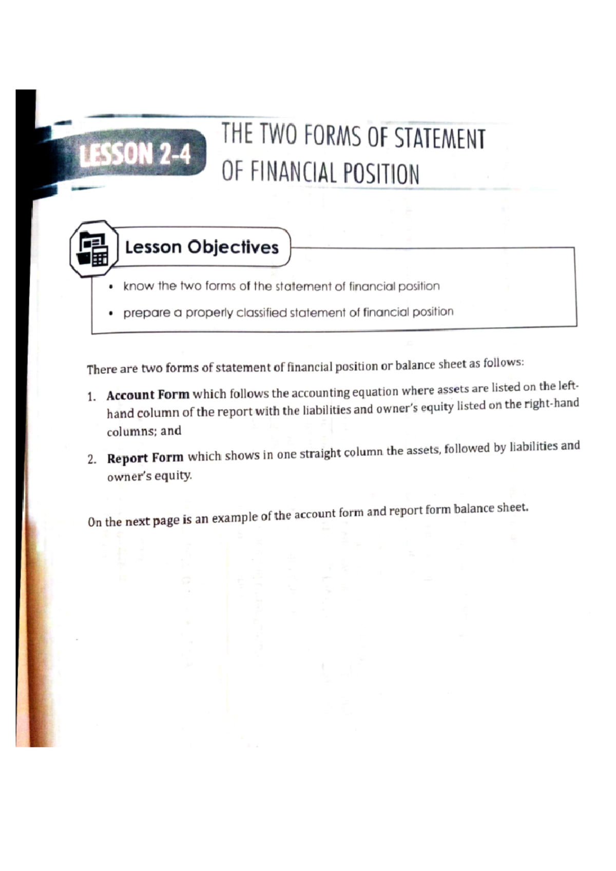 Two Forms of Statement of Financial Position Financial Accounting and