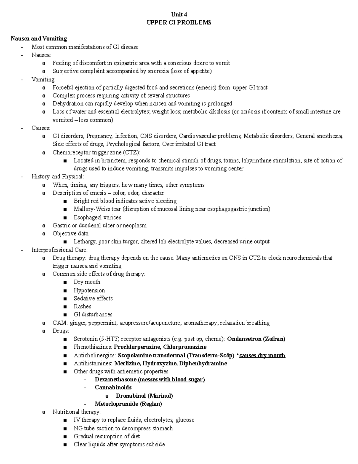 GI disorders pt 1 Lewis' Medical Surgical Nursing notes Unit 4 UPPER GI PROBLEMS Nausea and