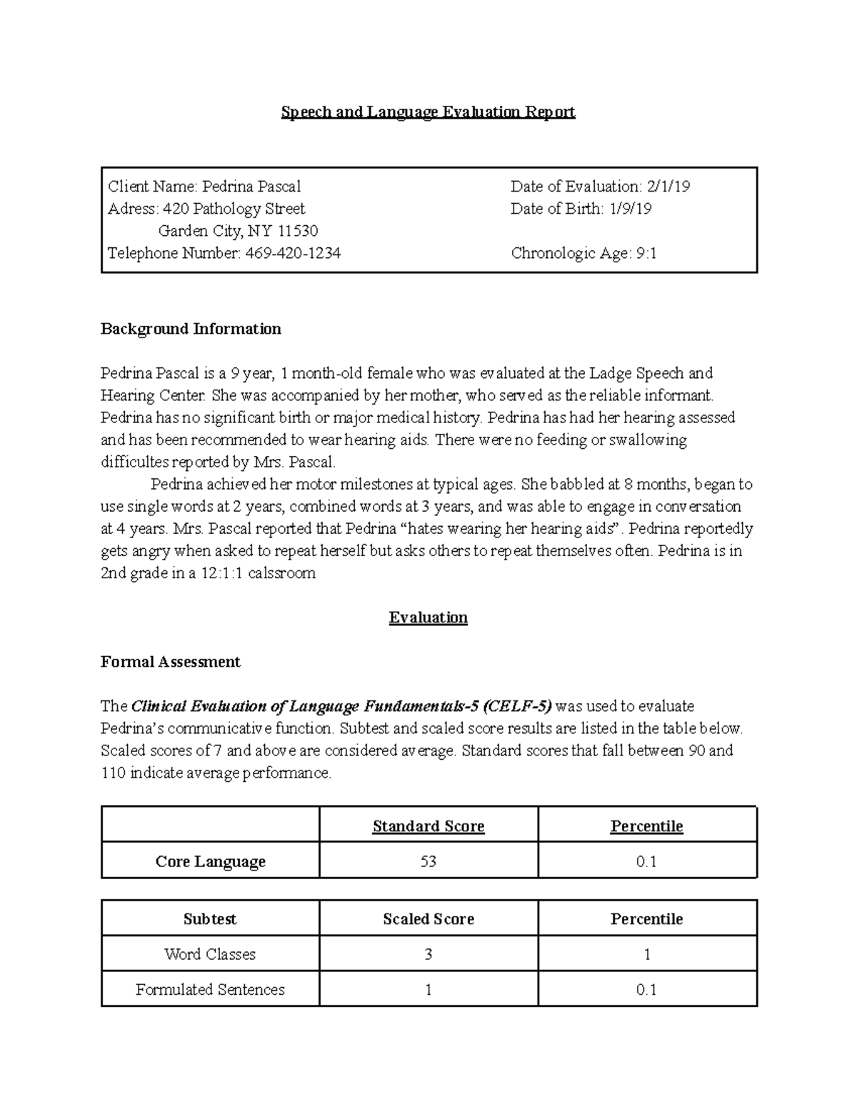 example diagnostic report speech language pathology