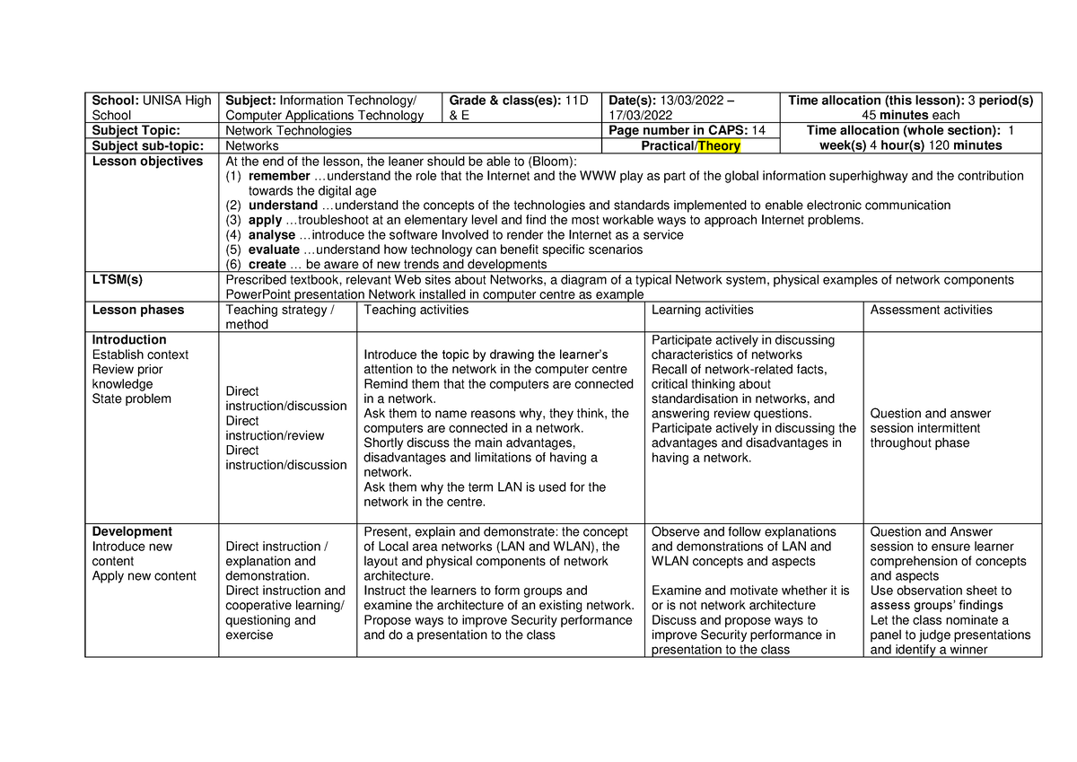 Assignment 2 - School: UNISA High School Subject: Information ...