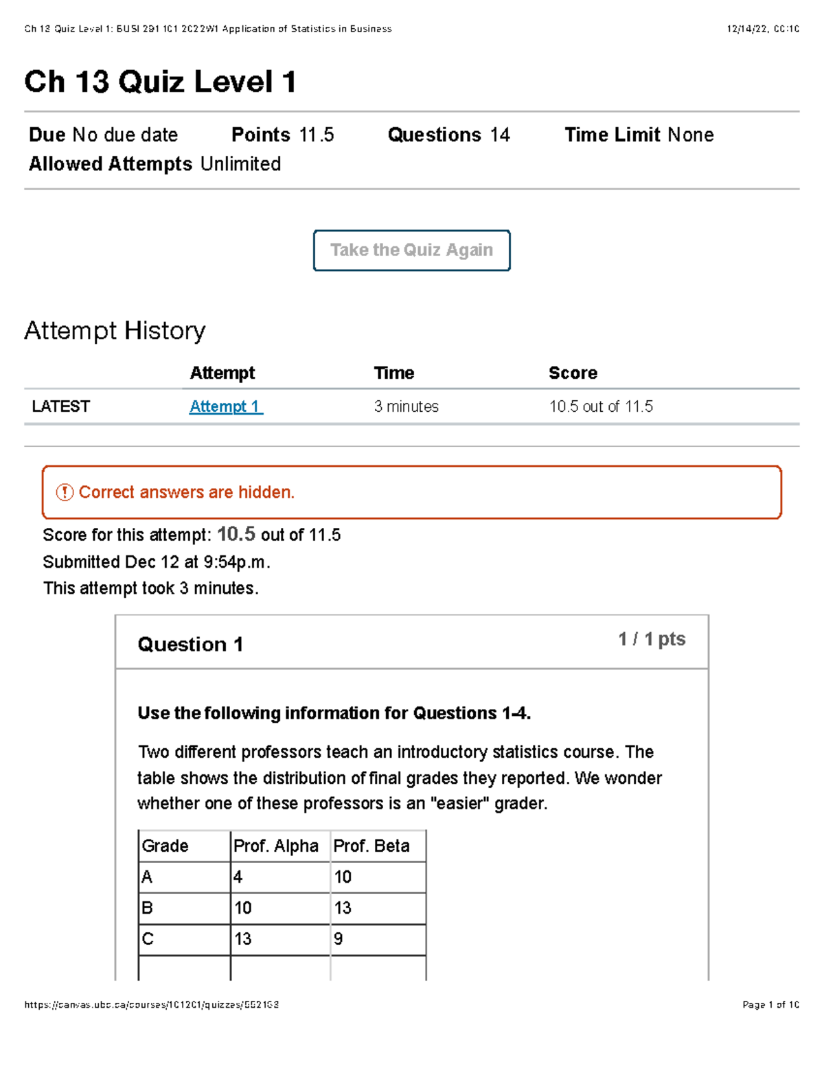 Ch 13 Quiz Level 1 BUSI 291 101 2022W1 Application Of Statistics In ...