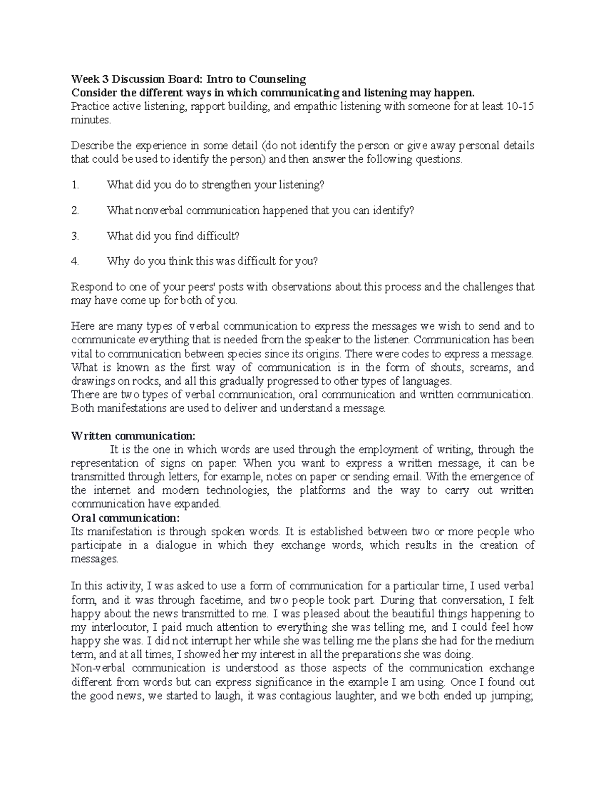 Week 3 Discussion Week 3 Discussion Board Intro to Counseling