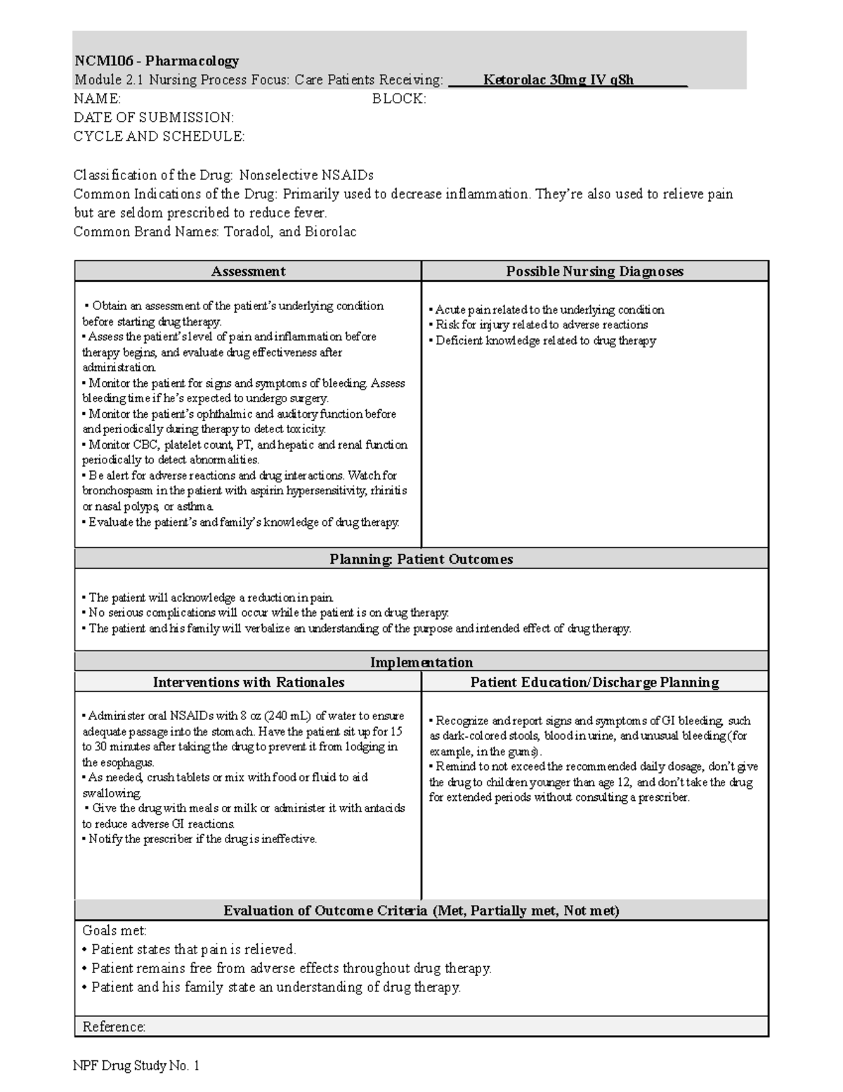 Np Focus Drug Study Ketorolac - Ncm106 - Pharmacology Module 2 Nursing 