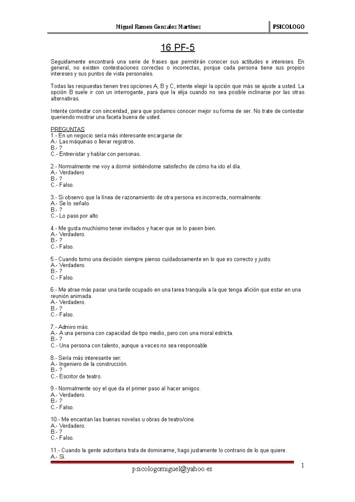 16 Pf Cuadernillo Preguntas - 16 PF- Seguidamente Encontrará Una Serie ...