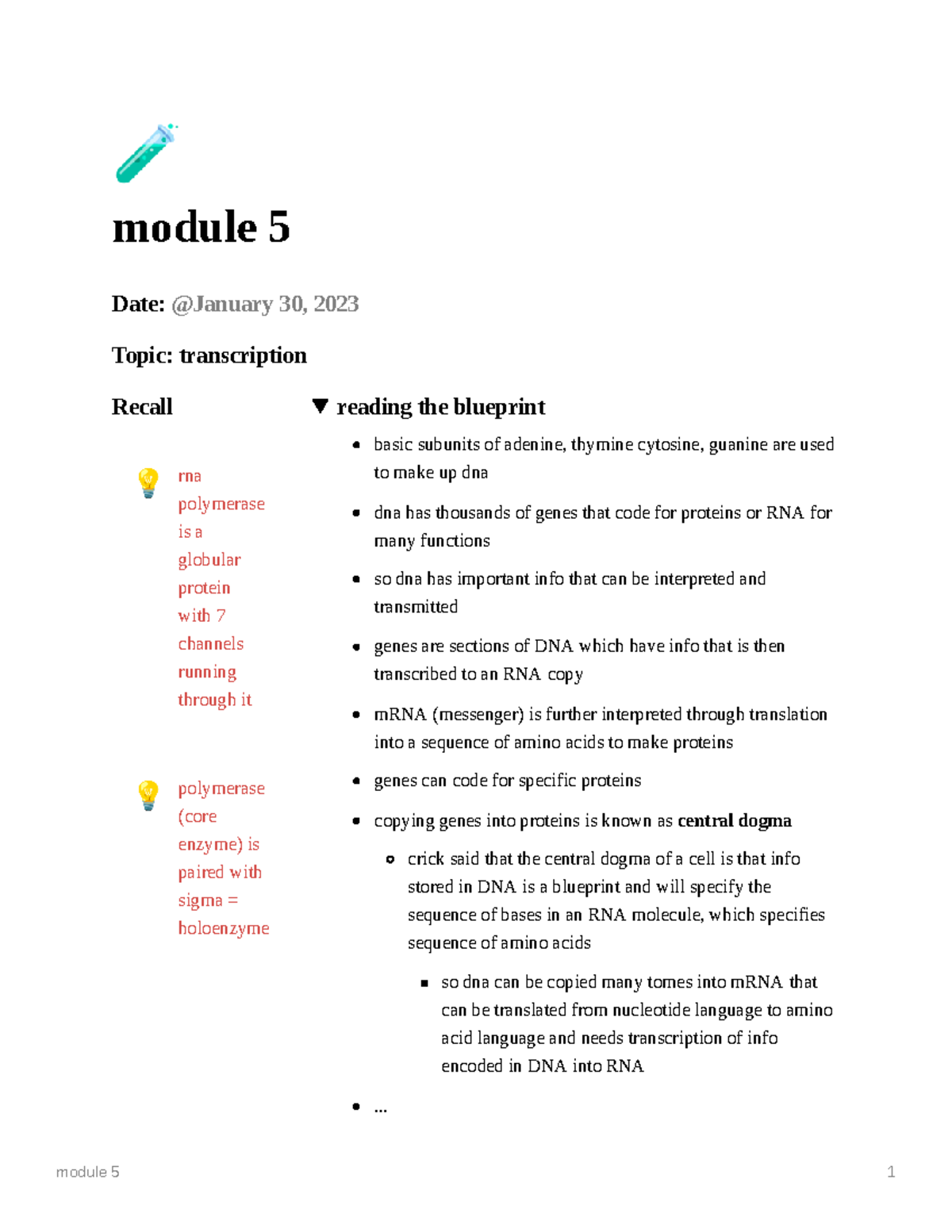 Module 5 - mod 5 - module 5 Date: Topic: transcription Recall rna ...