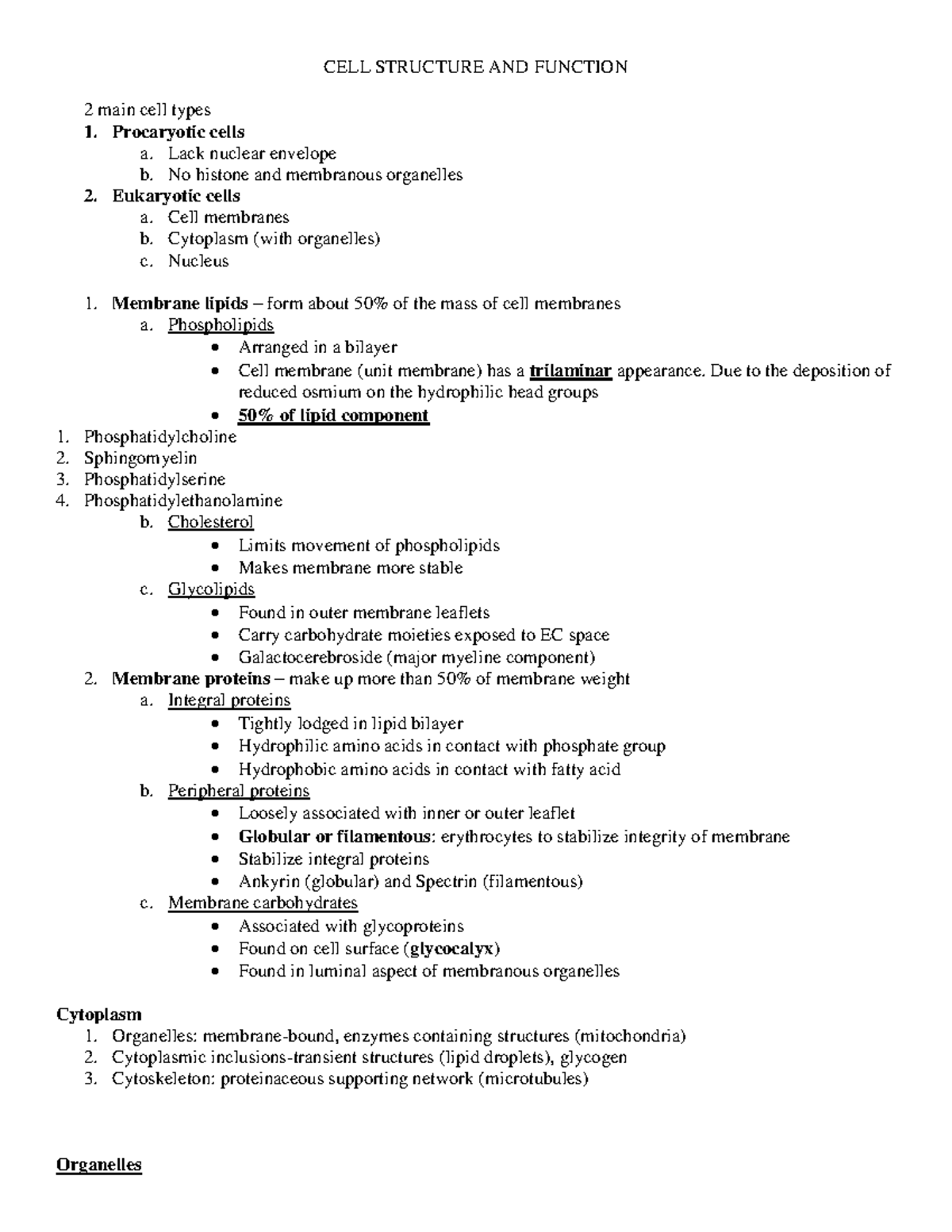 Lecture notes - course ANAT 309 - week 1-5 - CELL STRUCTURE AND ...