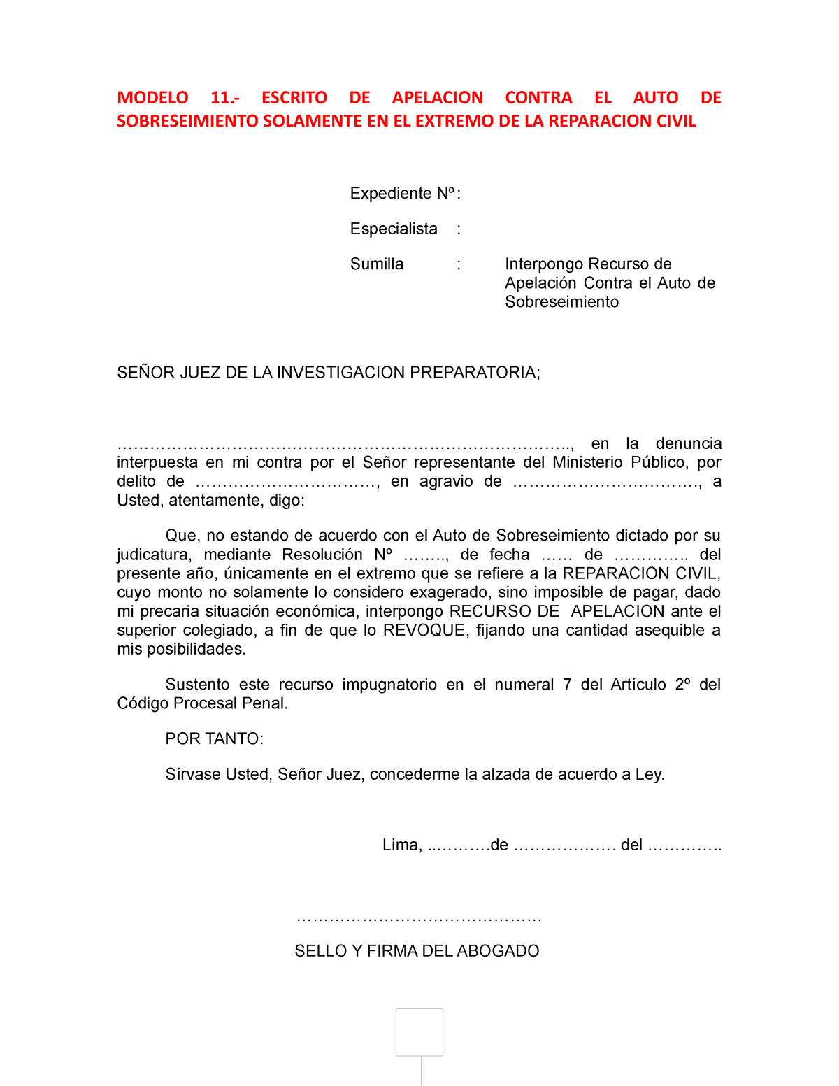 Modelo 11 Escrito Apelacion Contra Auto De Sobreseimiento Reparac Civil Modelo 11 Escrito 4384