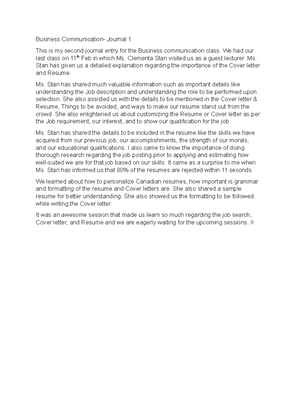 Business Communication Journal 2 - We had our last class on 11th Feb in ...