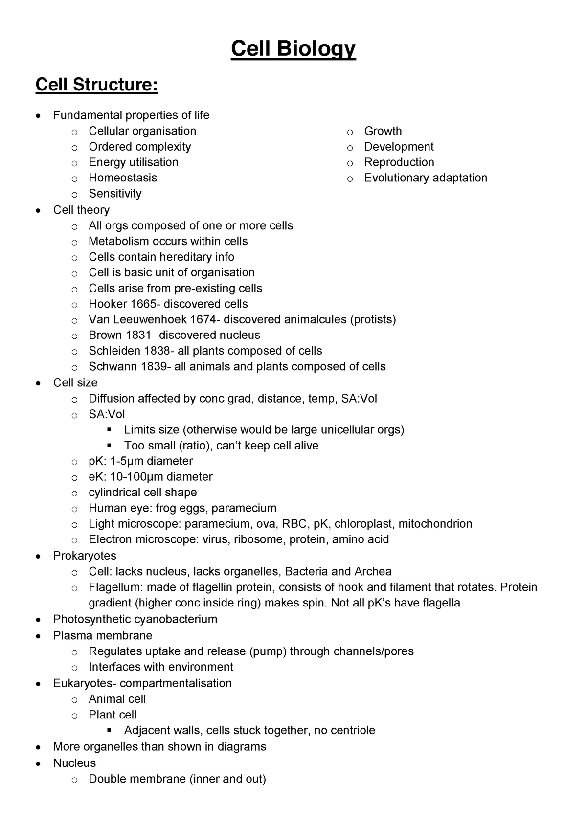 Yoyo Lecture Notes Cell Biology Cell Structure Fundamental Properties Of Life O