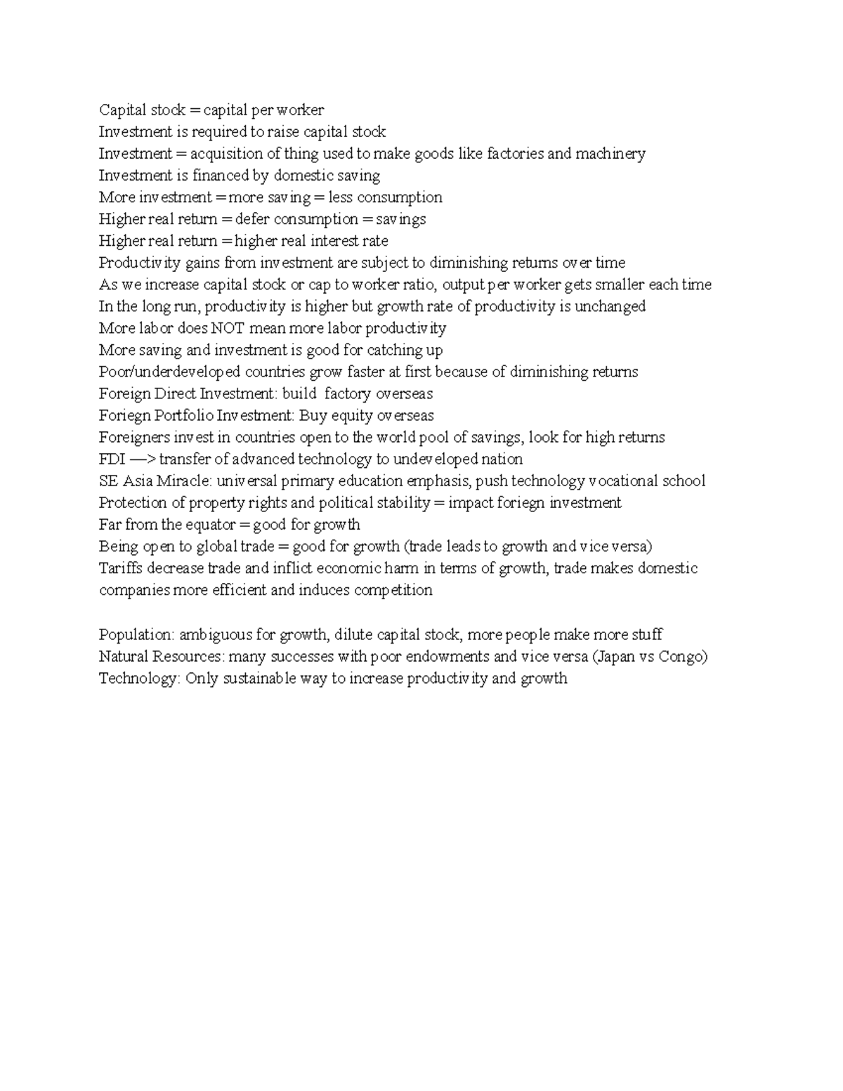 GDP Growth Notes - Capital stock = capital per worker Investment is ...