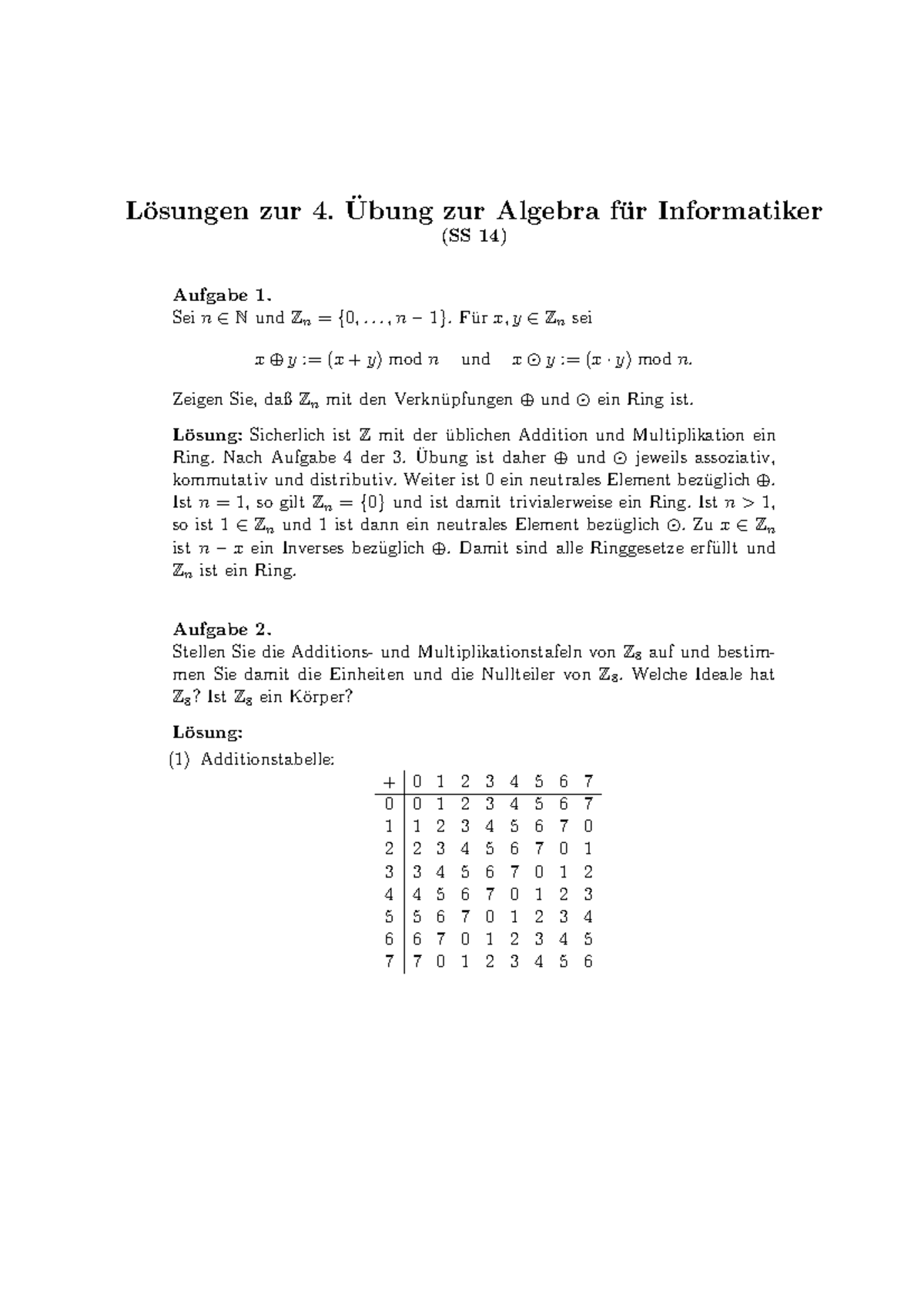 Lösung 2. Übung SS14 - ¨ L¨ Osungen Zur 4. Ubung Zur Algebra Fu ¨ R ...