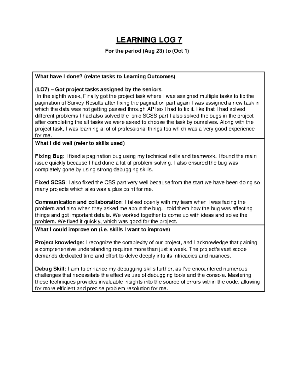Learning LOG 7 - asdsad - LEARNING LOG 7 For the period (Aug 23) to