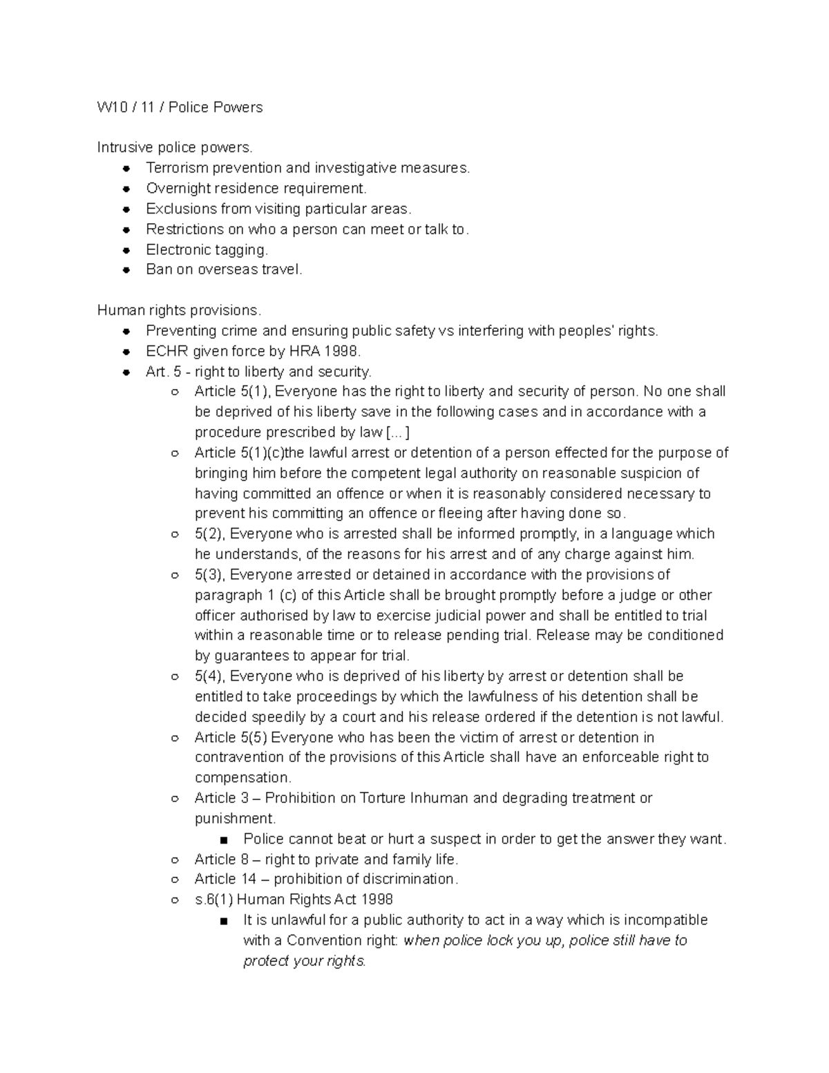 W10 Police Powers - Lecture notes 19-21 - W10 / 11 / Police Powers