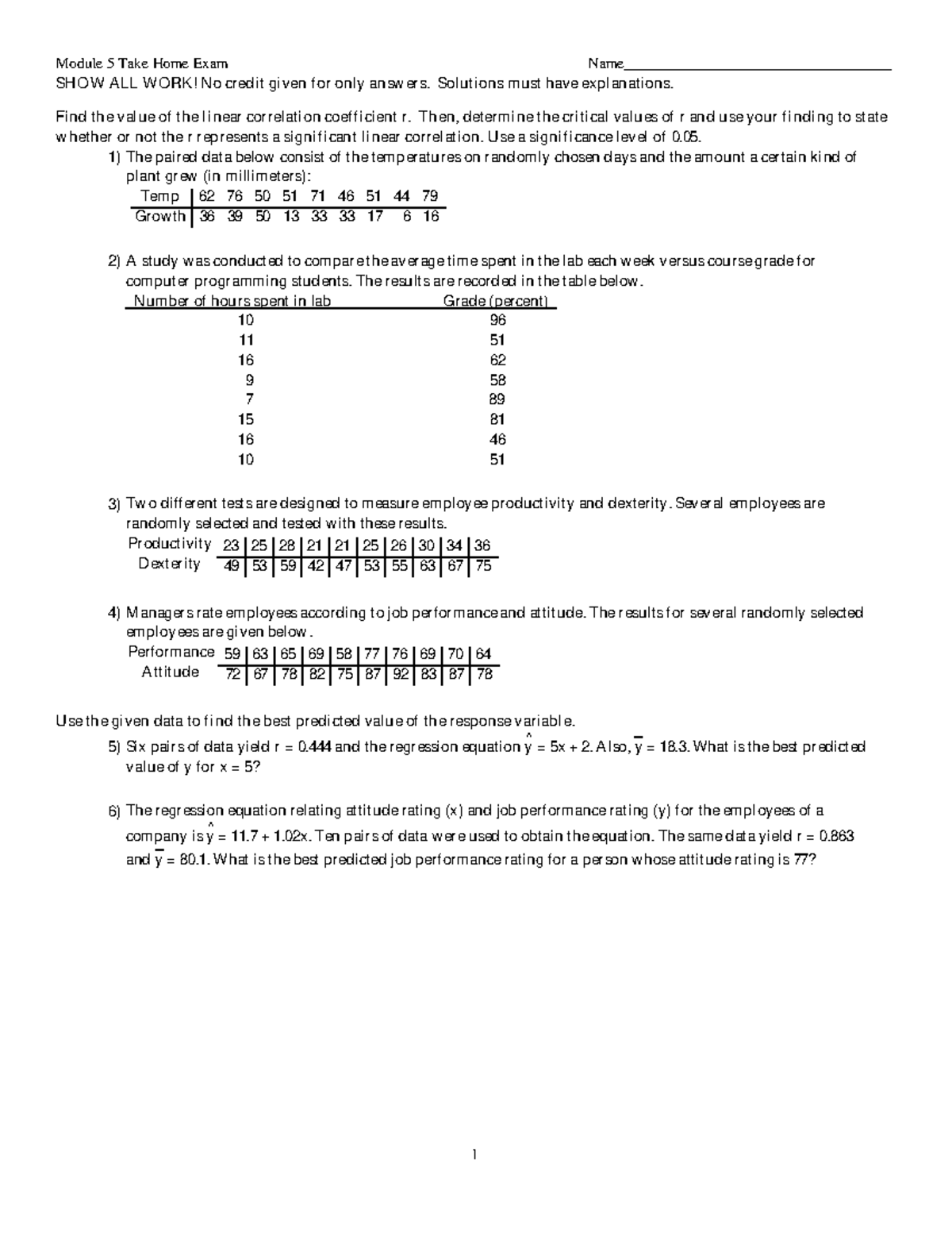 Math 203 Module 5 Take Home - Module 5 Take Home Exam Name