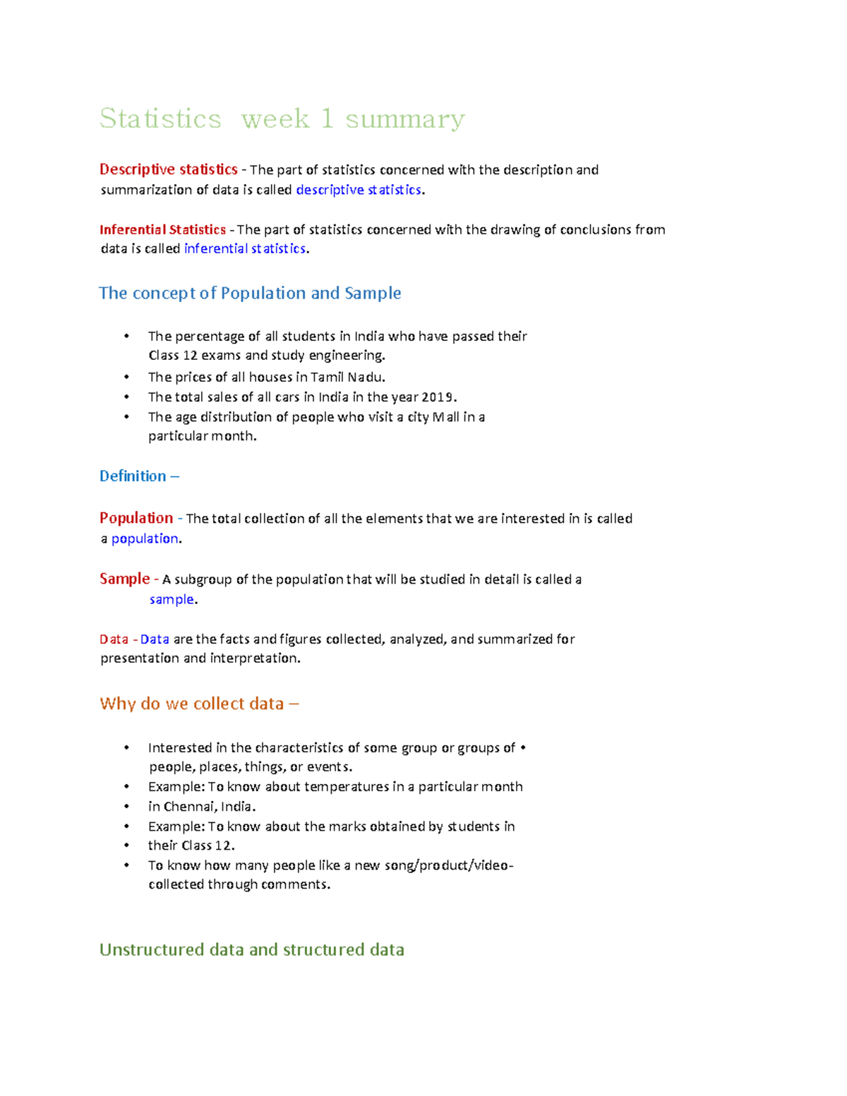 Statistics notes Statistics week 1 summary Descriptive