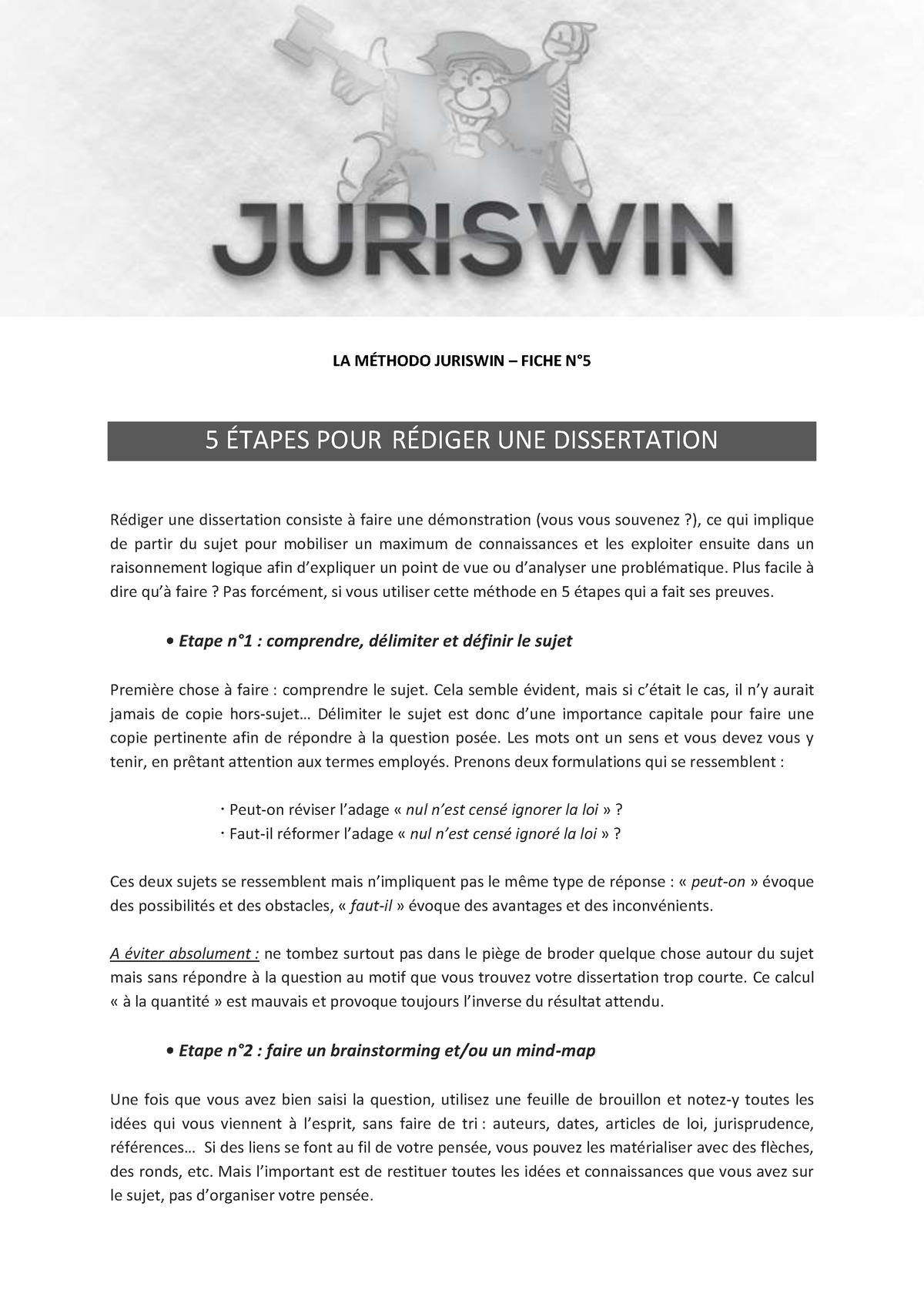 Fiche 5 Methodo Juriswin - 5 Etapes Pour Rediger Une Dissertation A Z8t ...