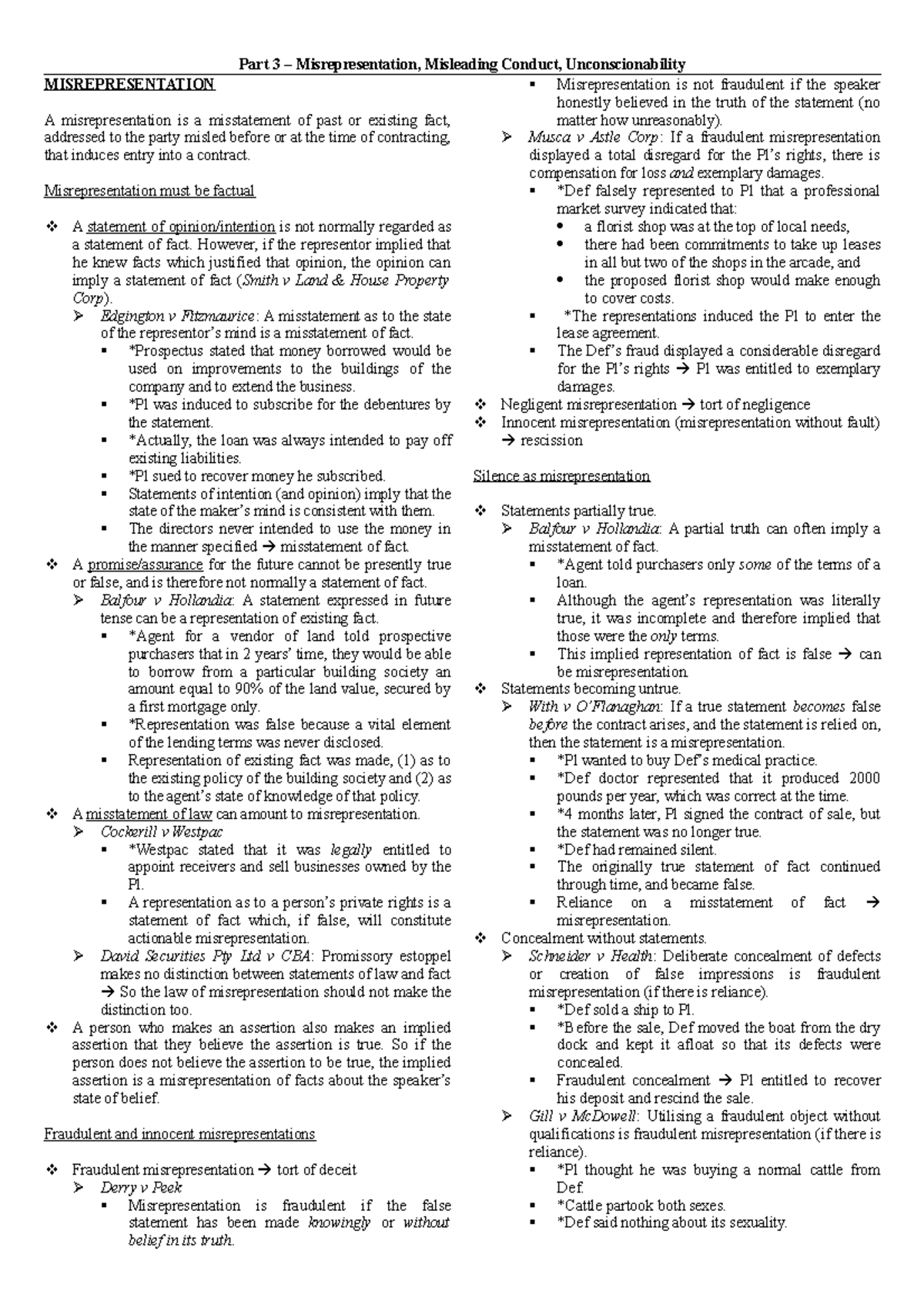 Law Of Contract Notes 3 - Part 3 Misrepresentation, Misleading Conduct ...