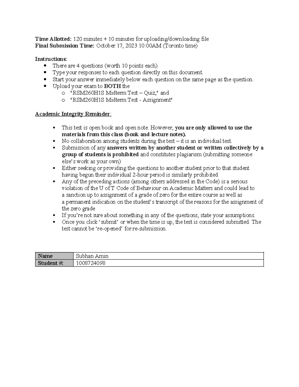 Midterm Exam Fall 2023 - Time Allotted: 120 minutes + 10 minutes for ...
