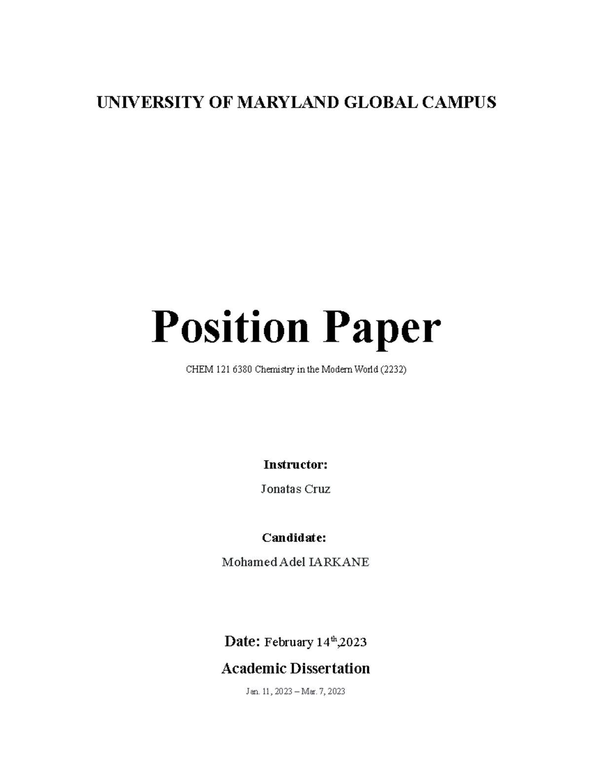 Position Paper - do not copy paste - UNIVERSITY OF MARYLAND GLOBAL ...