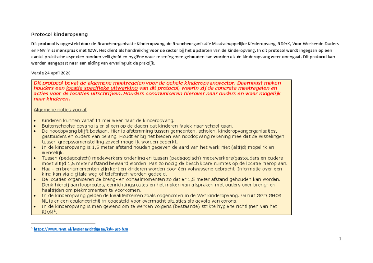 Protocol Kinderopvang - Protocol kinderopvang Dit protocol is opgesteld