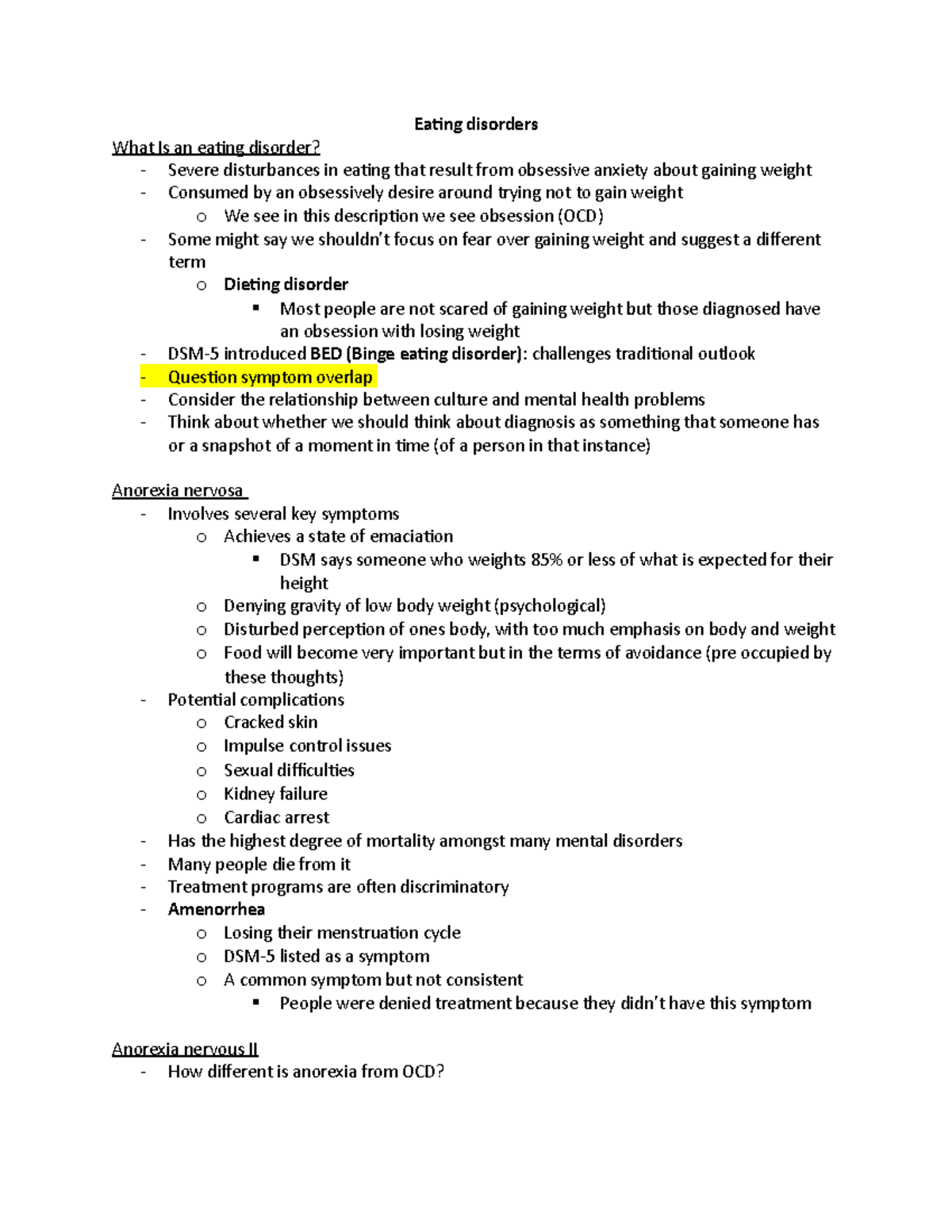 Hlthage Week 7 Lecture 6- Eating Disorders - Eating Disorders What Is 