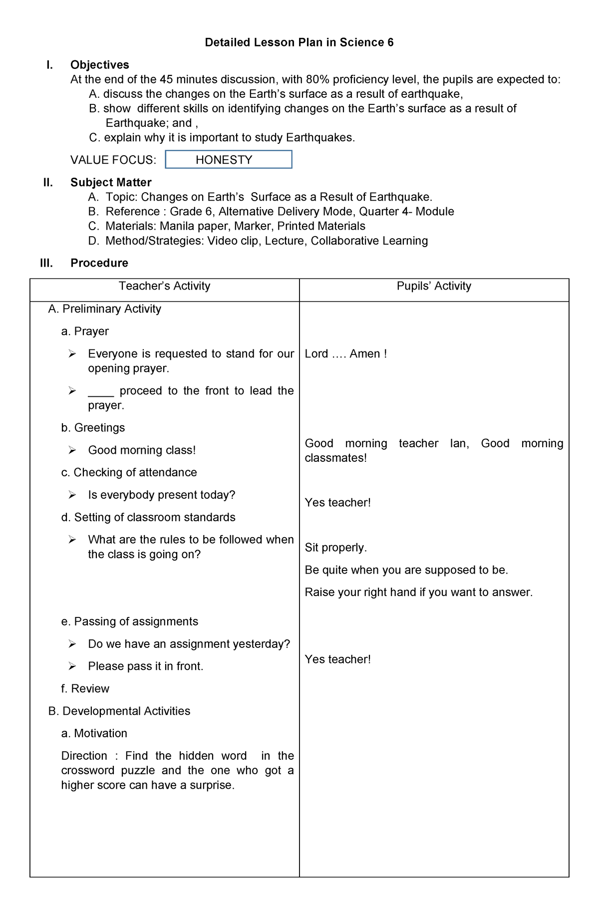 LP in science - LESSON PLAN - Detailed Lesson Plan in Science 6 I ...